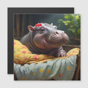 "Morning Snuggles: Baby Hippo Wecke in Basket, Magnetkarte