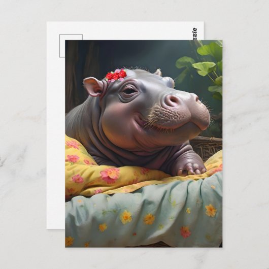 "Morning Snuggles: Baby Hippo Wecke in Basket, Postkarte (Vorne/Hinten)