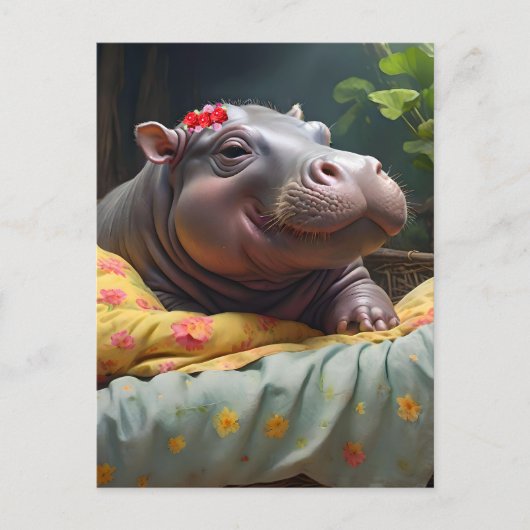 "Morning Snuggles: Baby Hippo Wecke in Basket, Postkarte (Vorderseite)
