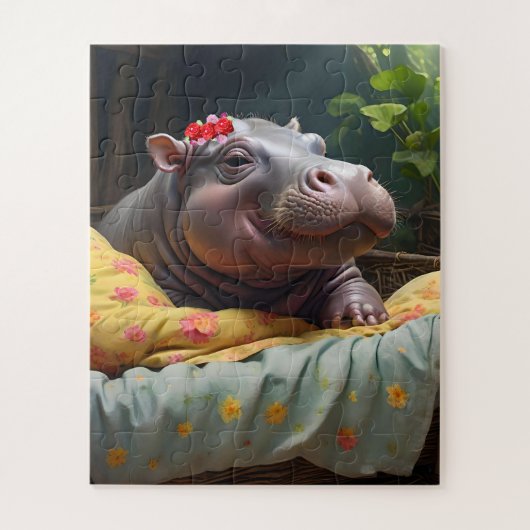 "Morning Snuggles: Baby Hippo Wecke in Basket, Puzzle (Vertikal)