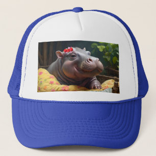 "Morning Snuggles: Baby Hippo Wecke in Basket, Truckerkappe