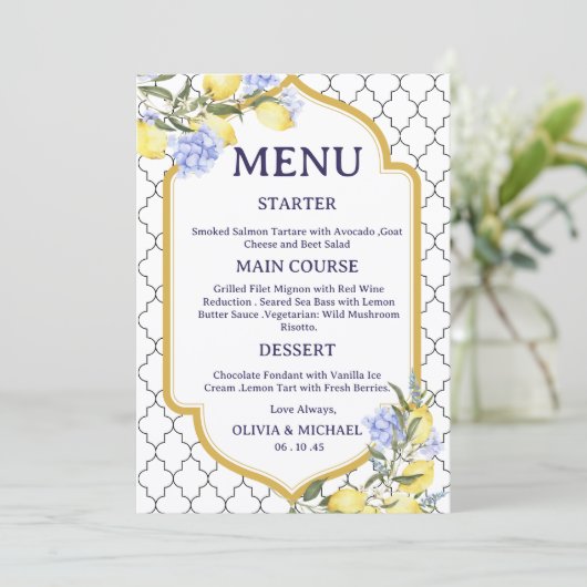 Moroccan Lemon Wedding Menu Menükarte (Stehend Vorderseite)