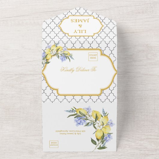 Moroccan Pattern Mediterranean Lemon Wedding  All In One Einladung (Außenbereich)