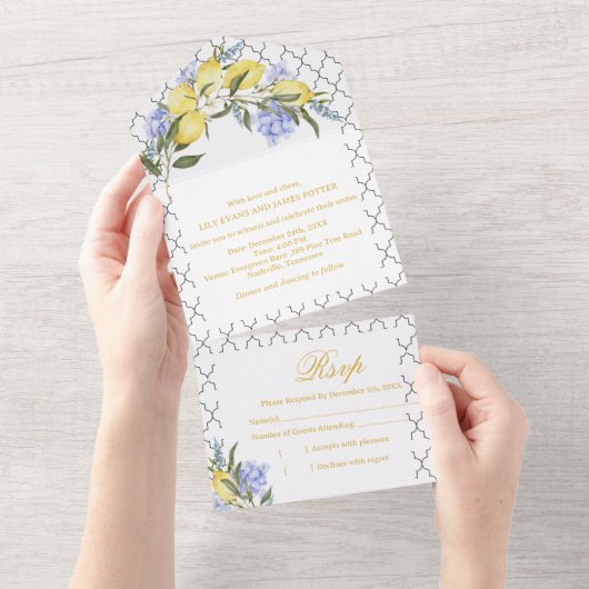 Moroccan Pattern Mediterranean Lemon Wedding  All In One Einladung (Abreißen)