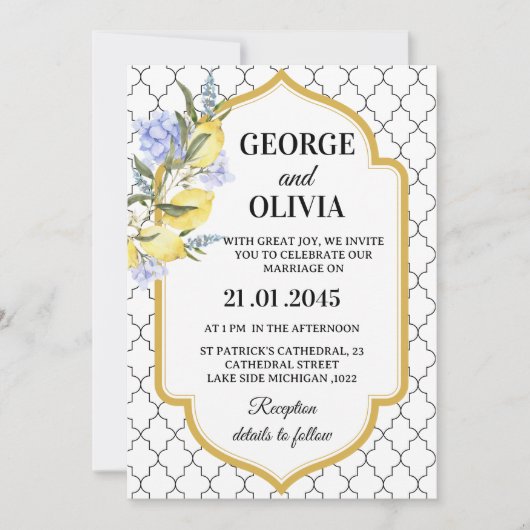 Moroccan Pattern Mediterranean Lemon Wedding Einladung (Vorderseite)