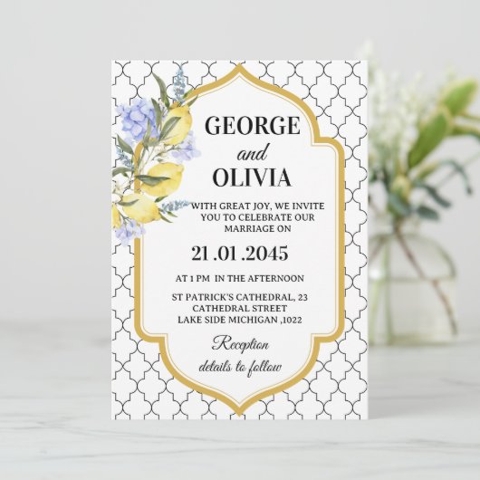 Moroccan Pattern Mediterranean Lemon Wedding Einladung (Stehend Vorderseite)