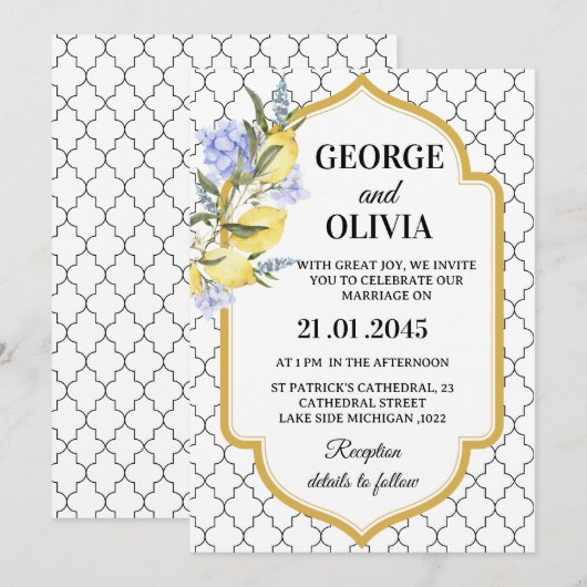 Moroccan Pattern Mediterranean Lemon Wedding Einladung (Vorne/Hinten)