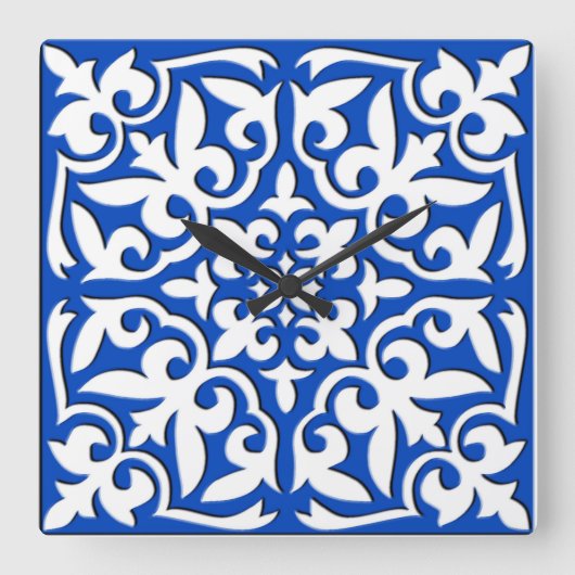 Moroccan tile - cobalt blue and white quadratische wanduhr (Vorderseite)