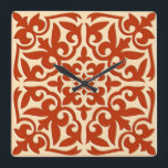 Moroccan tile - coral orange and peach quadratische wanduhr<br><div class="desc">Moroccan inspired tile pattern with a polished,  ceramic look - deep coral orange with a light peach background</div>