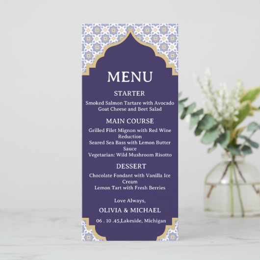 Moroccan Tile Wedding Menu Card Menükarte (Stehend Vorderseite)