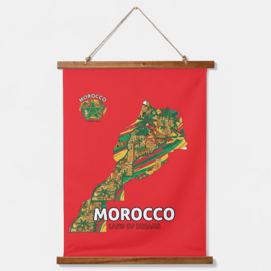 Morocco Land of Dreams Map Wood Wall Tapestry Wandteppich Mit Holzrahmen (Vorderseite)