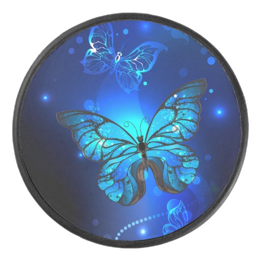 Morpho Butterfly in the Dark Background Eishockey Puck (Vorderseite)