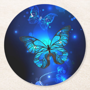 Morpho Butterfly in the Dark Background Runder Pappuntersetzer