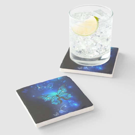 Morpho Butterfly in the Dark Background Steinuntersetzer (Seitenansicht)