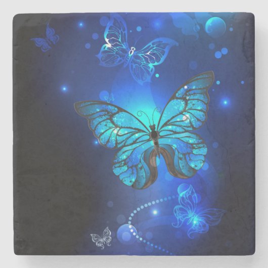 Morpho-Schmetterling im dunklen Hintergrund Steinuntersetzer (Vorderseite)