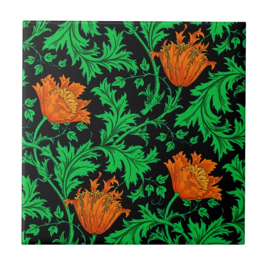 Morris Anemone Muster, Orange, Grün und Schwarz Fliese (Vorderseite)