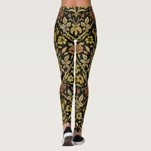 Morris Black Background Rose & Lily Blume Pattern Leggings (Rückseite)