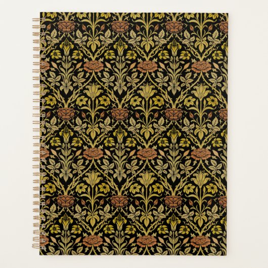Morris Black Background Rose & Lily Blume Pattern Planer (Vorderseite)