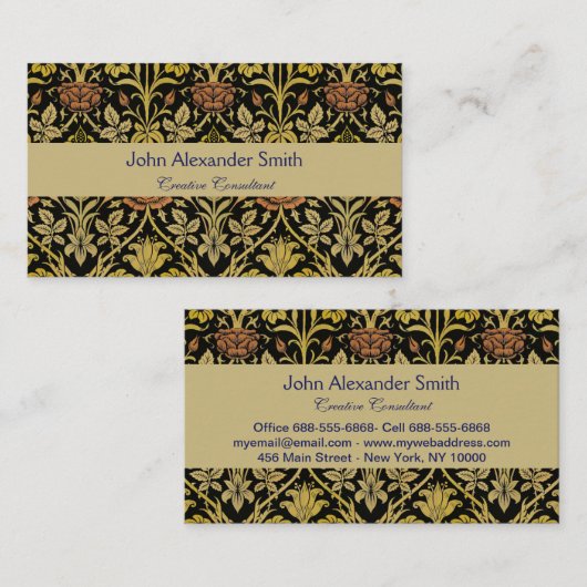 Morris Black Background Rose & Lily Blume Pattern Visitenkarte (Vorne/Hinten)
