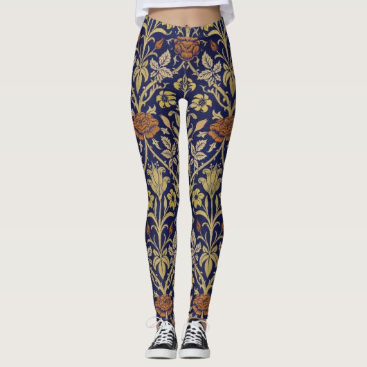 Morris Blue Background Rose & Lily Blume Muster Leggings (Vorderseite)