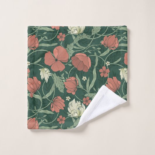 Morris Garden Green & Red Floral Badetuch Set (Waschlappen)