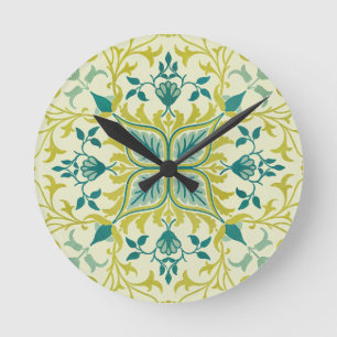 Morris Gelb Türkis Reben- und Blumenmuster Runde Wanduhr