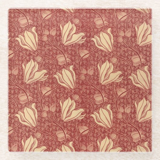 Morris Inspiriert Lily Blume Botanical Red Textile Glasuntersetzer (Vorderseite)
