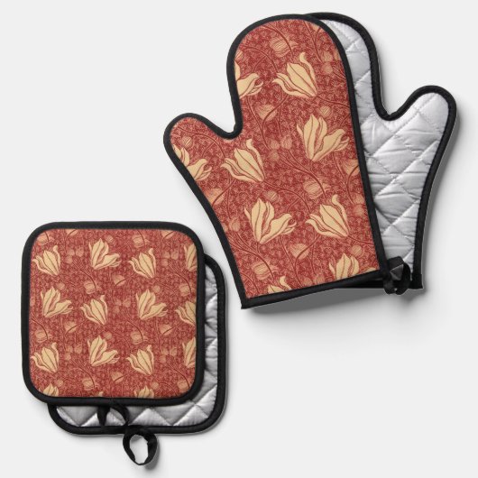 Morris Inspiriert Lily Blume Botanical Red Textile Ofenhandschuh & Topflappen-Set (Vorderseite/Rückseite)