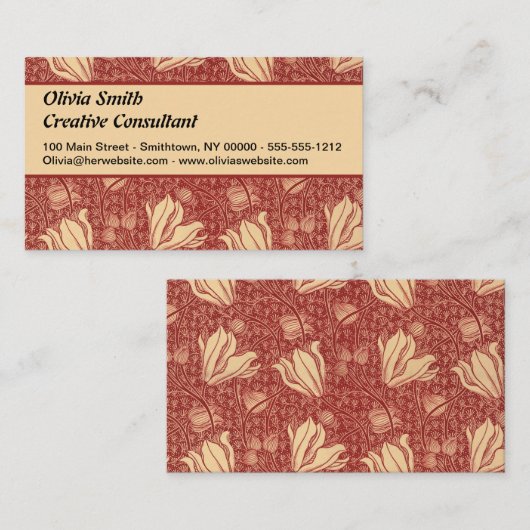 Morris Inspiriert Lily Blume Botanical Red Textile Visitenkarte (Vorne/Hinten)