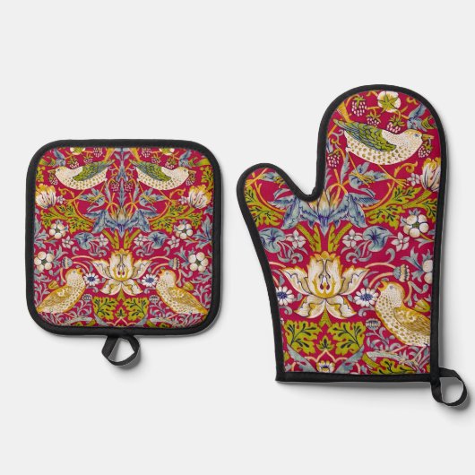 Morris Red Background Strawberry Diief Pattern Ofenhandschuh & Topflappen-Set (Vorderseite)