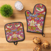 Morris Red Background Strawberry Diief Pattern Ofenhandschuh & Topflappen-Set (Oben Unten)