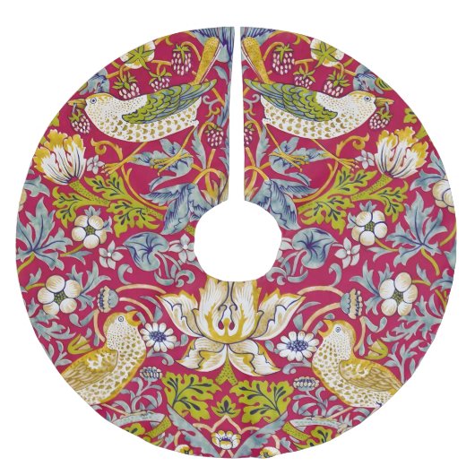 Morris Roter Hintergrund Strawberry Thief Muster Polyester Weihnachtsbaumdecke (Vorderseite)