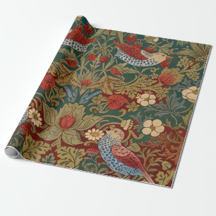 Morris Strawberry Thief Türkis Grün Rot Florale Ku Geschenkpapier