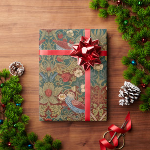 Morris Strawberry Thief Türkis Grün Rot Florale Ku Geschenkpapier