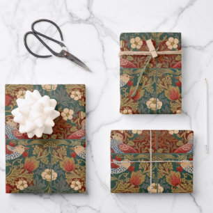 Morris Strawberry Thief Türkis Grün Rot Florale Ku Geschenkpapier Set