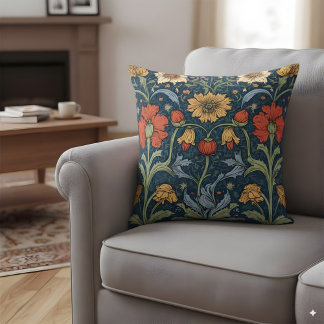 Morris Style Floral Pillow Navy Orange Vintag Kissen