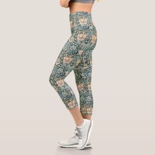Morris Teal Blau Geißblatt Blumen Wallpaper Capri Leggings
