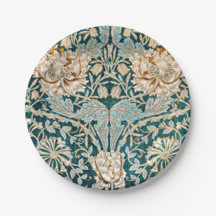 Morris Teal Blaue Geißblatt-Blumen-Tapete Pappteller