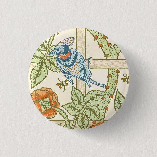 Morris' Trellis 1862 Vintage Blume & Vogelmuster Button (Vorderseite)