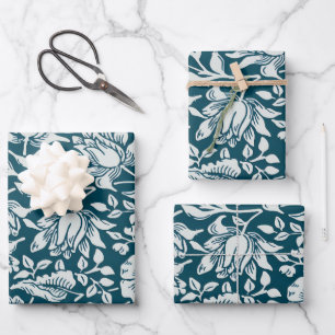 Morris Vintages Blau- und Weißblumenmuster Geschenkpapier Set