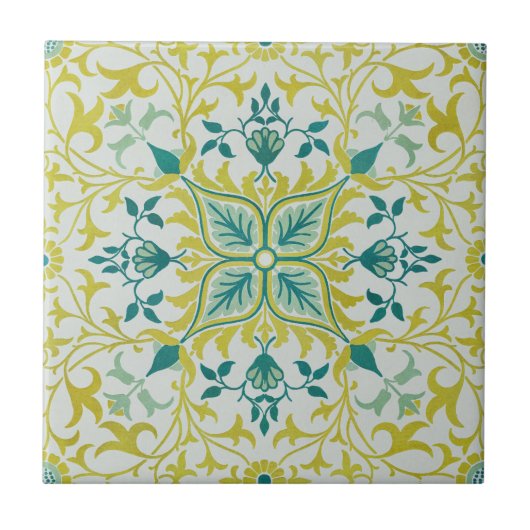 Morris Yellow Turquoise Vine & Blume Muster Fliese (Vorderseite)