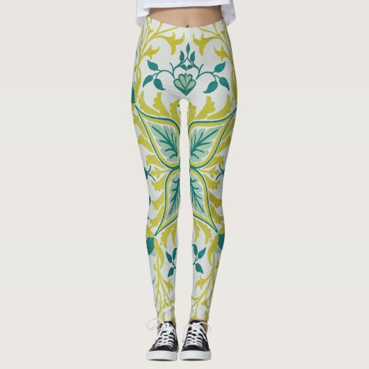 Morris Yellow Turquoise Vine & Blume Muster Leggings (Vorderseite)