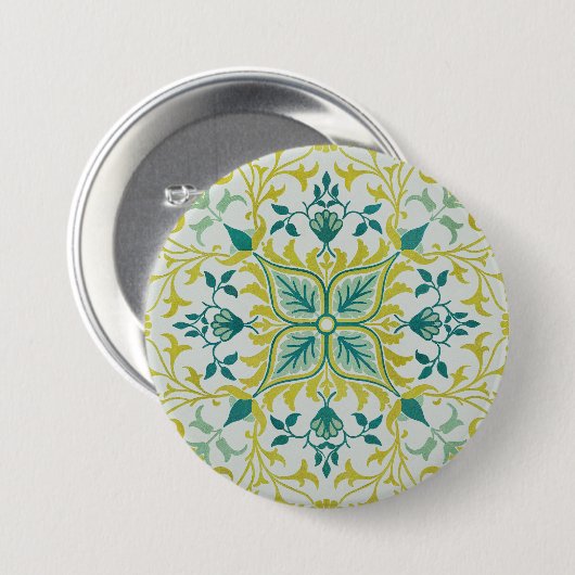Morris Yellow Turquoise Vine & Flower Pattern Button (Vorne & Hinten)