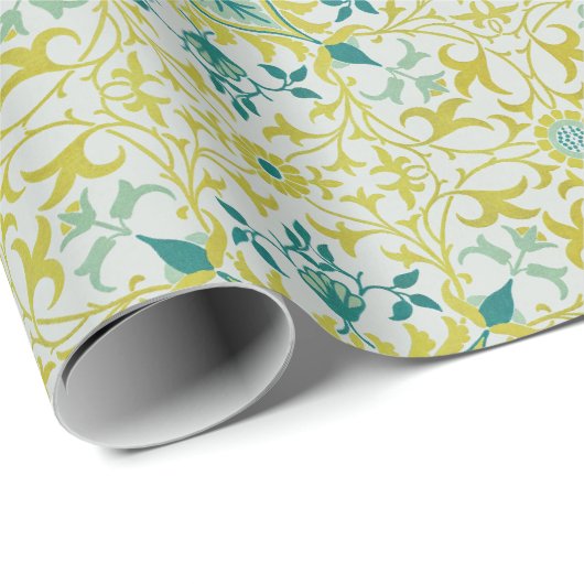 Morris Yellow Turquoise Vine & Flower Pattern Geschenkpapier (Rolleneckpunkt)
