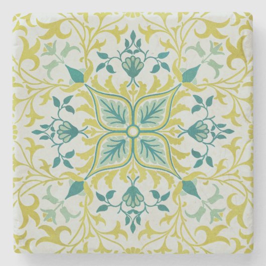Morris Yellow Turquoise Vine & Flower Pattern Steinuntersetzer (Vorderseite)