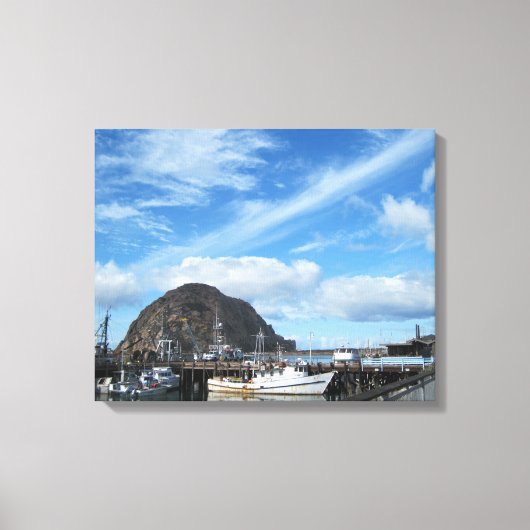 Morro Rock, Fischerboote und Embarcadero Leinwanddruck (Vorderseite)