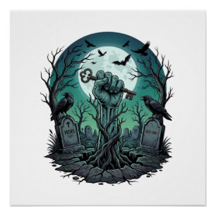 Mors Zombie Hand Skelett Schlüssel Grabstein Raben Poster