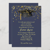 Mortar, goldene Konfetti auf blauem Abschluss Ankündigung (Vorne/Hinten)