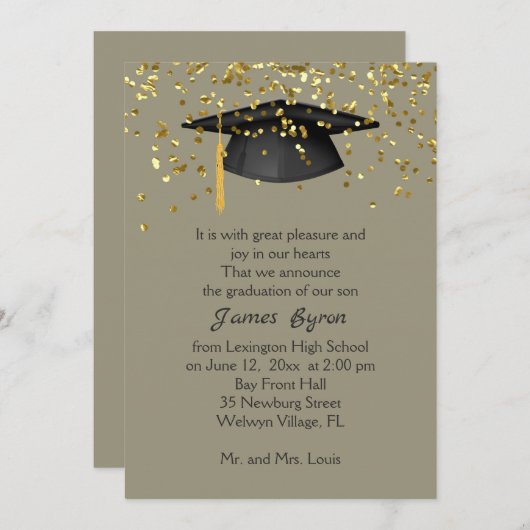 Mortar, goldene Konfetti auf graugelbem Abschluss Ankündigung (Vorne/Hinten)