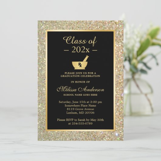 Mortar Pestle Pharmacy School Graduation Party Einladung (Stehend Vorderseite)